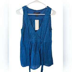 French Connection NWT Blue Metallic Silver Windowpane Flowy V-Neck Tank 6 Tunic